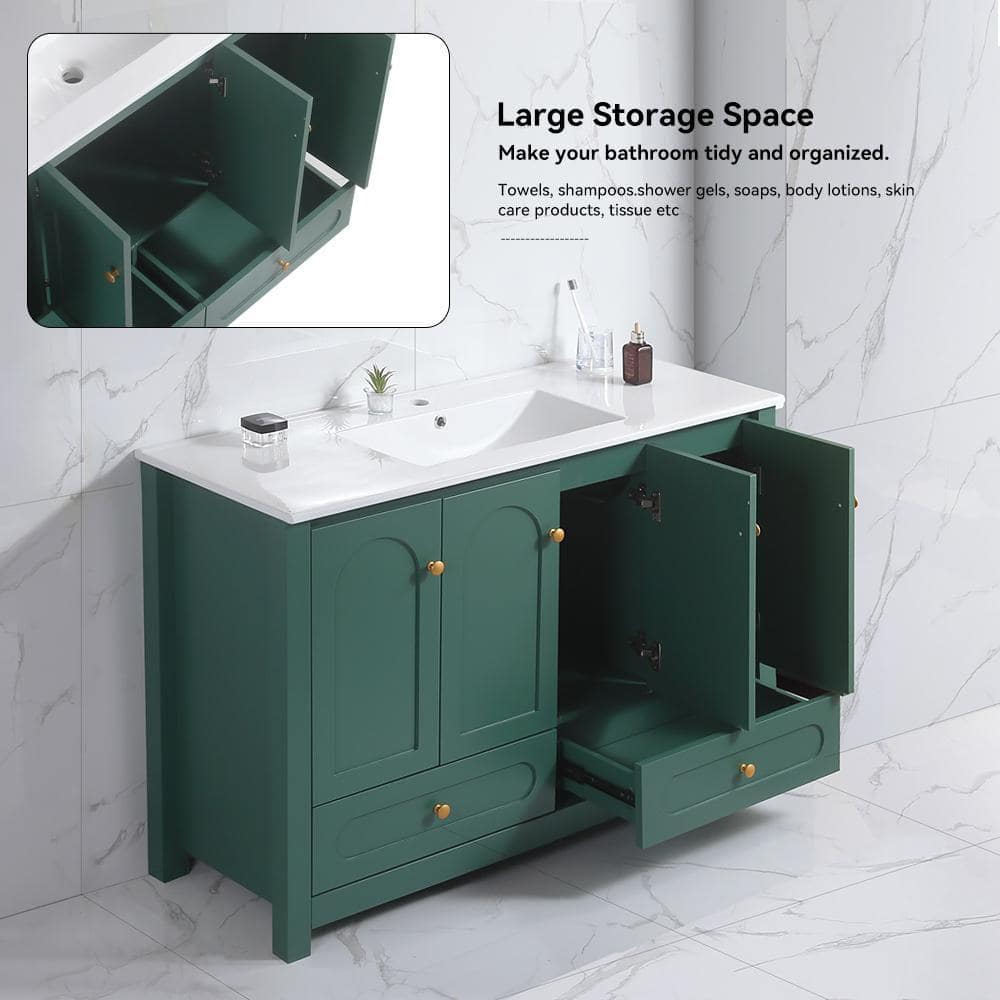 Xuanlur 48 in. Green Bathroom Vanity w/ Ceramic Sink Combo, MDF Green Abundant Storage Cabinet-4 Soft Close Doors and 2 Drawers (3)