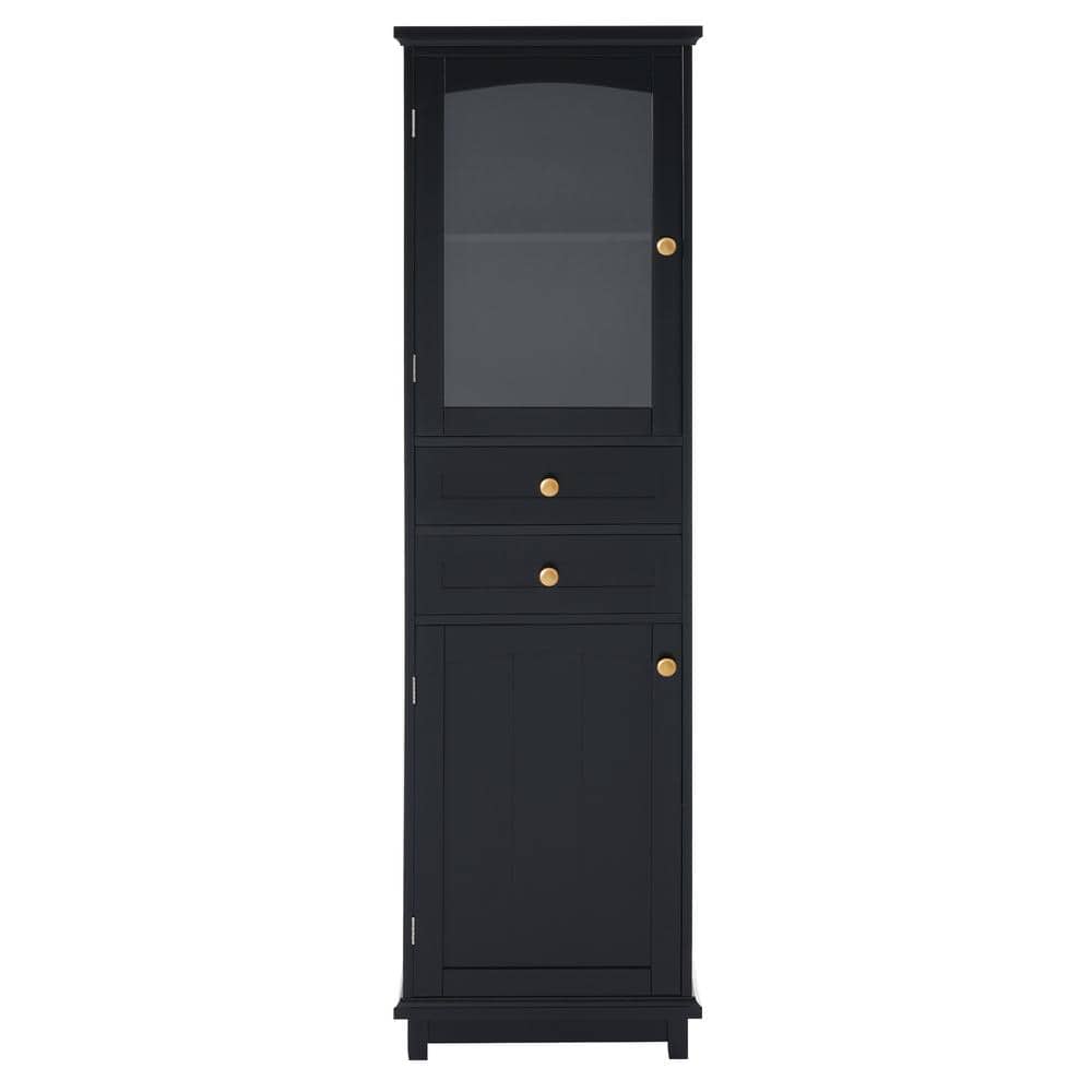 Unbranded 17.76 in. W 14.21 in. D 62.99 in. H Wood Linen Cabinet with Glass Doors, Two Drawers and Adjustable Shelves