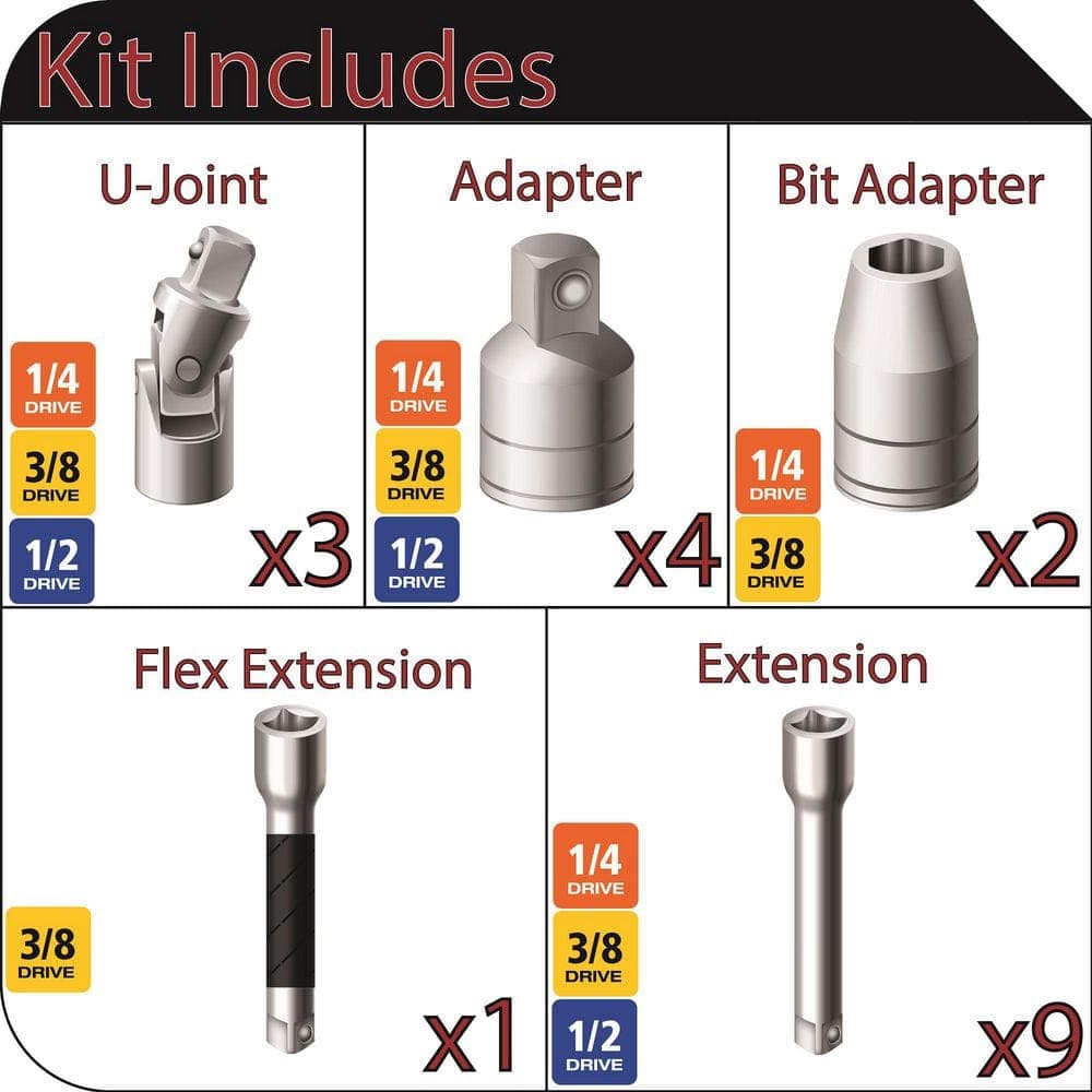 Husky 1/4 in., 3/8 in., 1/2 in. Drive Accessory Set (19-Piece) (3)