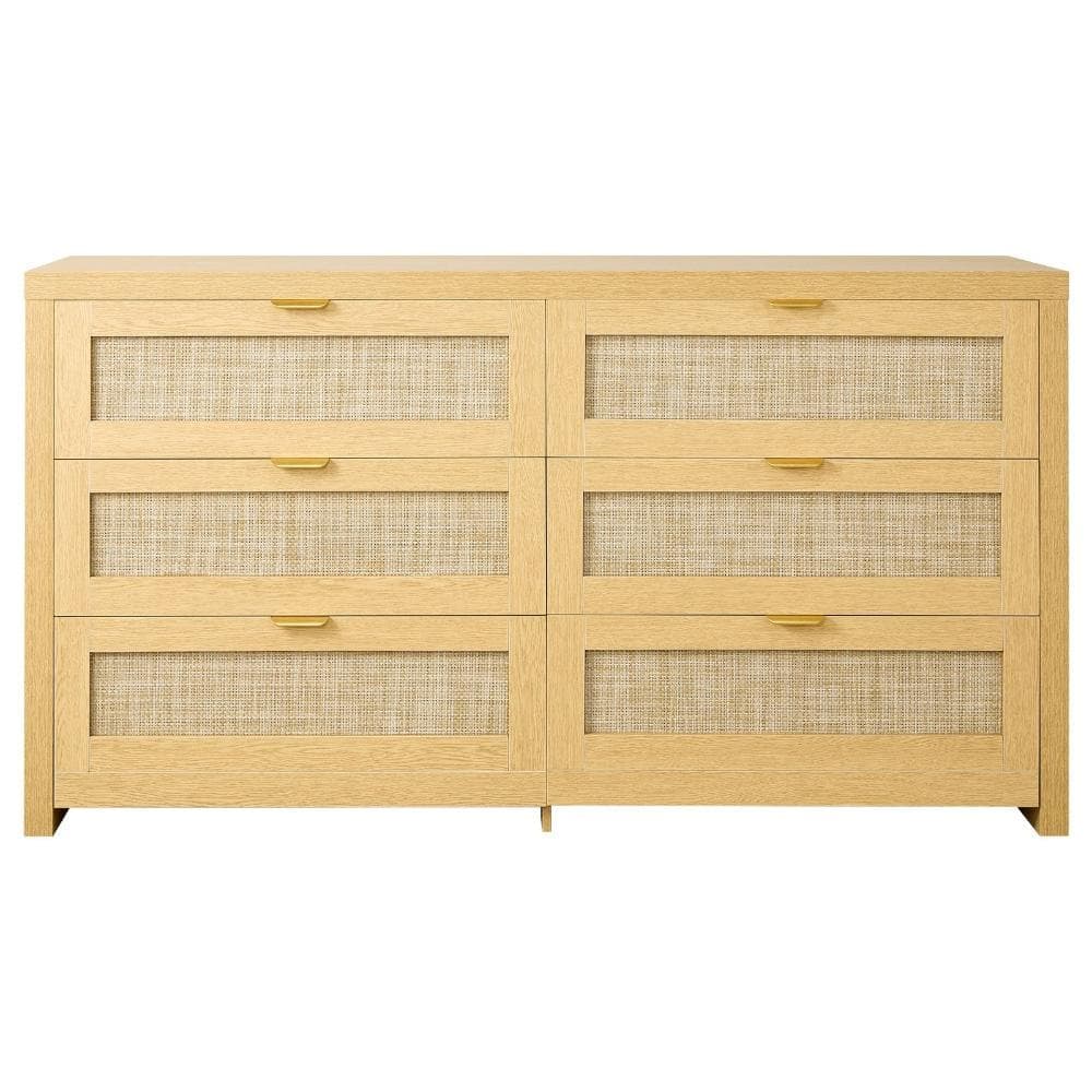 Volenca 6-Drawer Rattan Dresser, Double Chest, Metal Handles, Modern Wood Clothing Storage for Bedroom Living Room Hallway