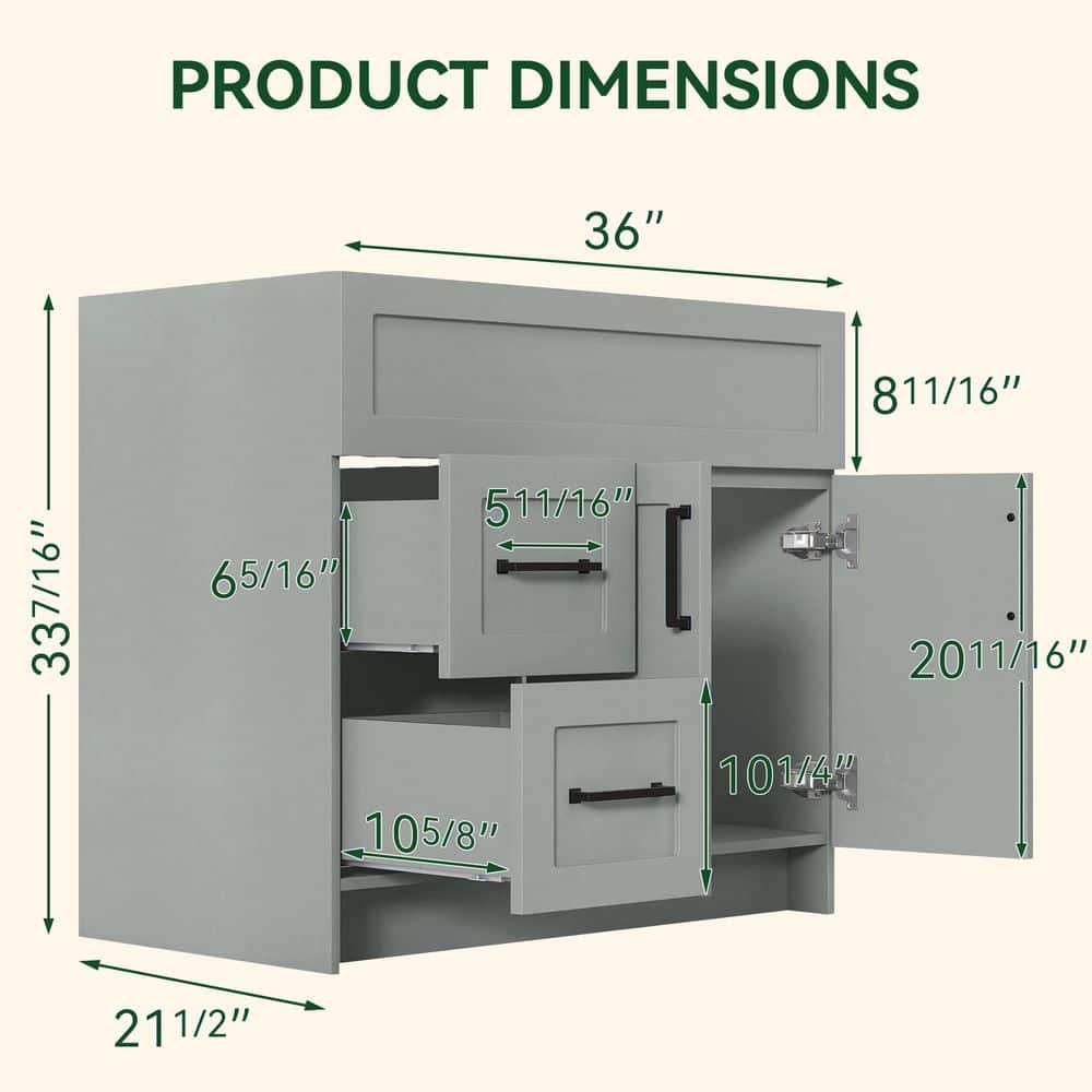 Getpro 36 in. W x 21.5 in. D x 33.5 in. H Bath Vanity Cabinet without Top in Sky Grey MDF Bath Cabinet with Doors Unassembled (2)