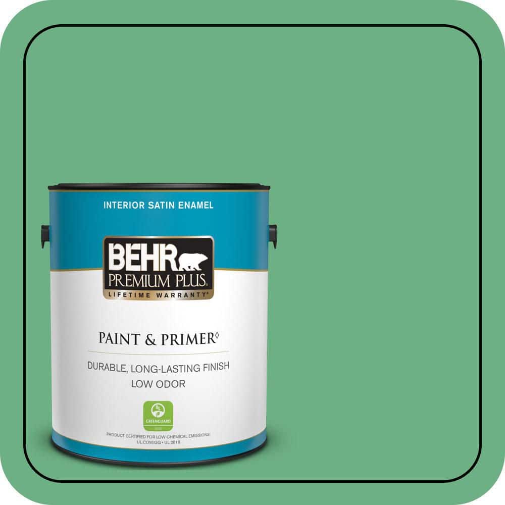 BEHR PREMIUM PLUS 1 gal. #P410-5 Lily Pads Satin Enamel Low Odor Interior Paint & Primer