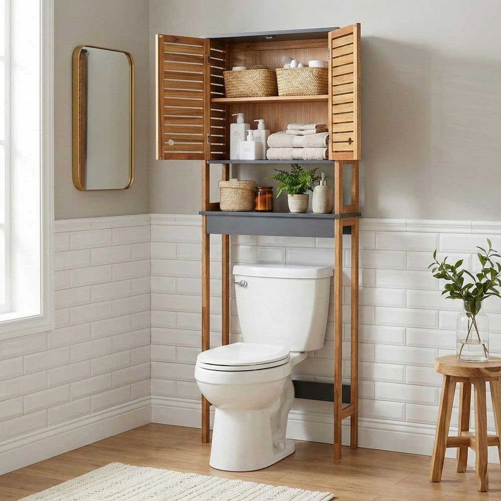 EVIDECO French home goods Elements 24 in. W x 69 in. H x 9 in. D Acacia Gray MDF Over-the-Toilet Storage in Acacia and Gray (3)