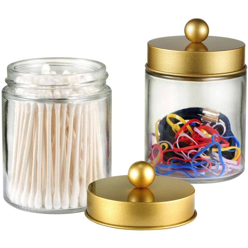 Unbranded Set of Two Clear Glass Apothecary Storage Jars with Gold Lids for Bathroom Countertop Organization (2)