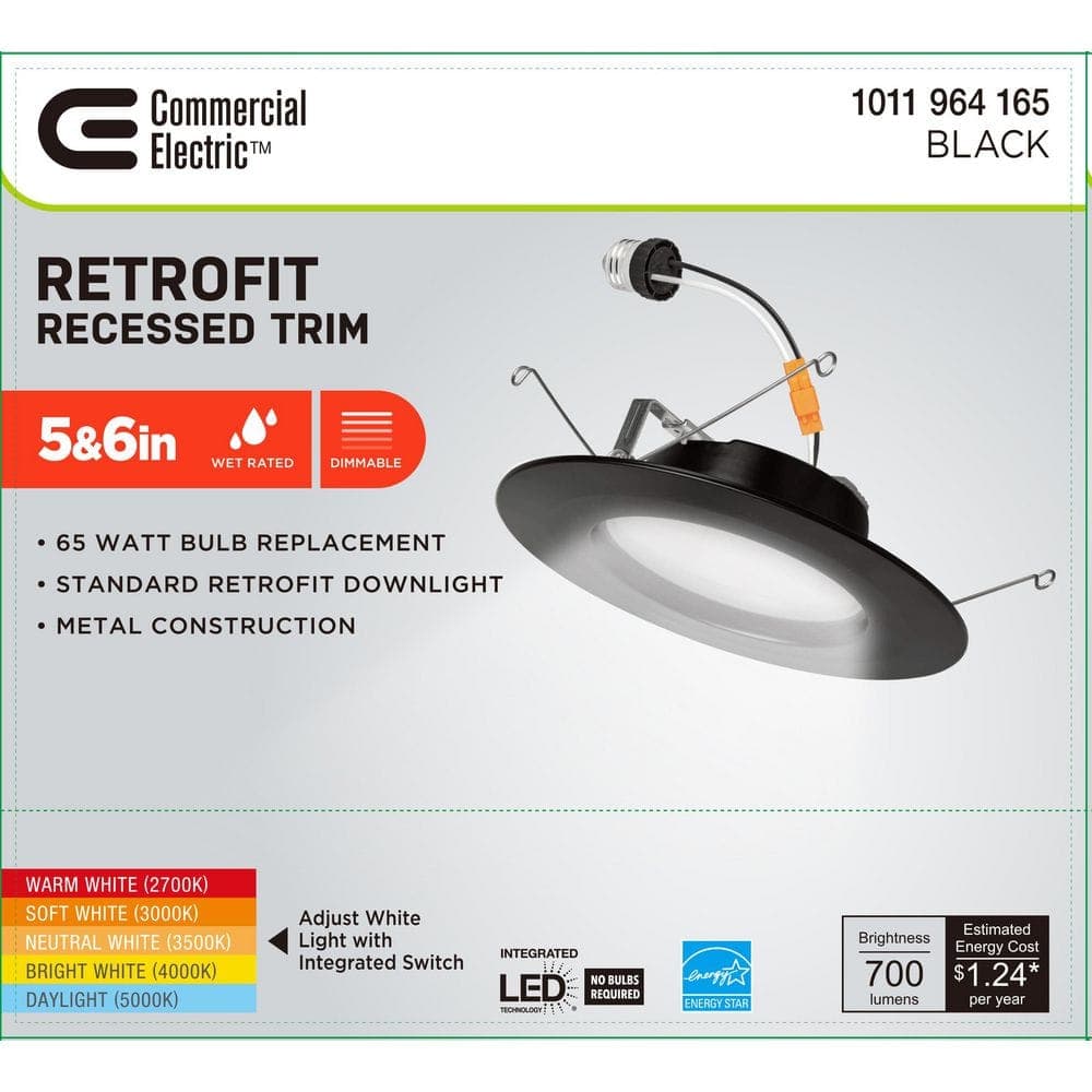 Commercial Electric 1-pack 6 in 5 Ways Color Temperature Selectable Black Integrated LED Recessed Retrofit Light Trim (4)
