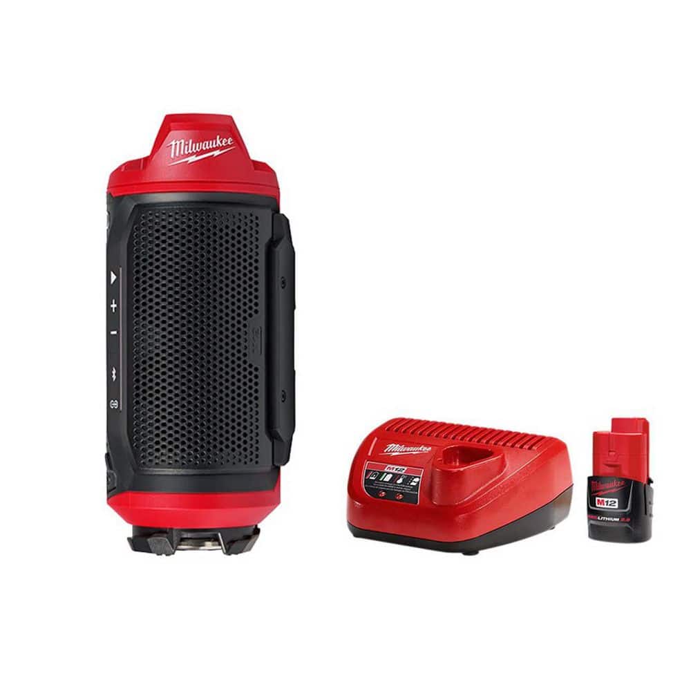 Milwaukee M12 12-Volt Lithium-Ion Cordless Bluetooth Jobsite Speaker with 2. 0Ah Battery and Charger Starter Kit