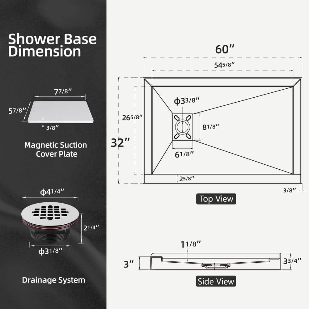 Zeafive Siba 60 in. L x 32 in. W Alcove Shower Pan Base with Left Drain in White Acrylic Non-Slip Single Threshold RV/Bathroom (2)