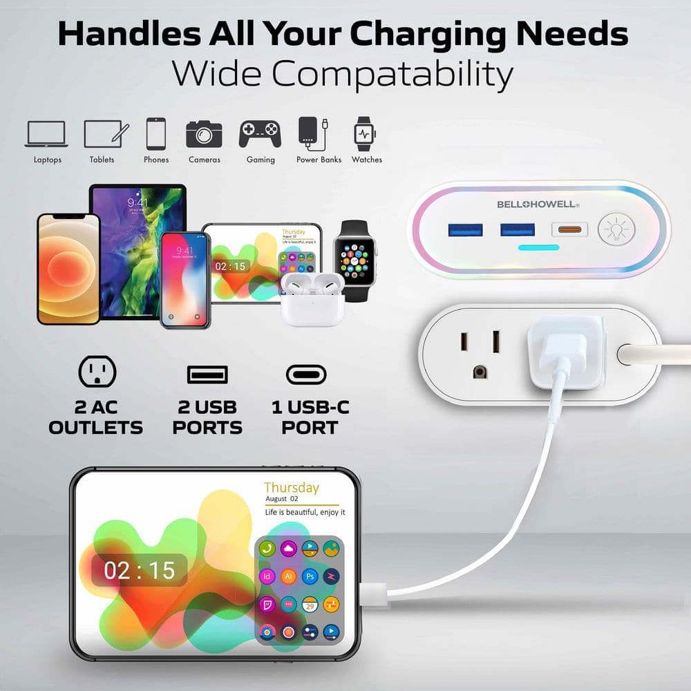 Bell + Howell LED Multi Fast Charging Station 2 AC Outlets, 2 USB-A, and 1 USB-C Ports Charging Extension with RGB Night Light (3)
