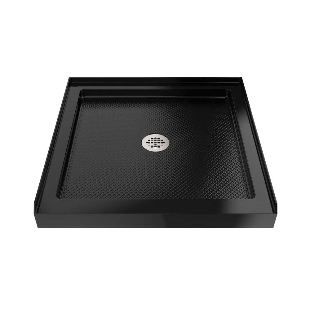 DreamLine SlimLine 36 in. L x 36 in. W Alcove Square Black Shower Pan Base with 2 in. Round Center Drain in Polished Nickel (1)