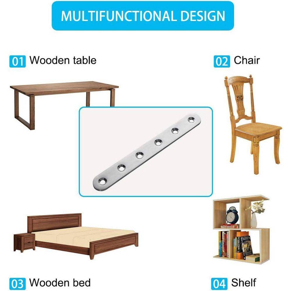 KIWDZFU 6.1 in. Stainless Steel Flat Straight Brace Brackets, Heavy Duty Joining Plates with Screws for Wood and Cabinet, 4-Pack (3)
