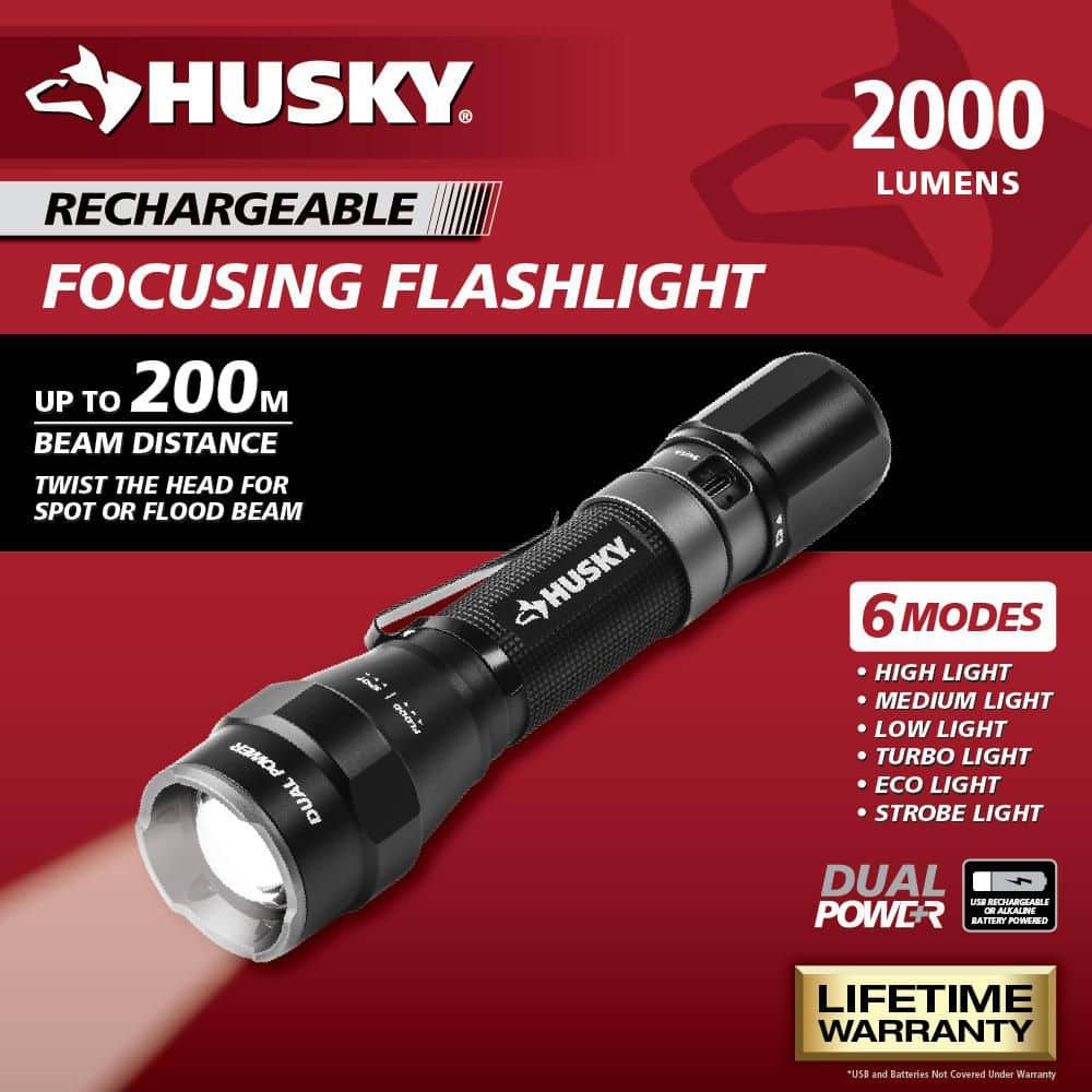 Husky 2000 Lumens Dual Power LED Rechargeable Tactical Focusing Flashlight (3)