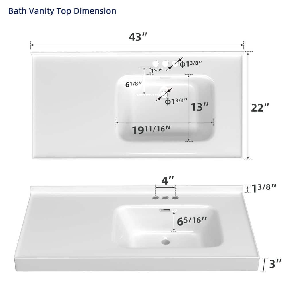 Getpro 43 in. W x 22 in. D Solid Surface White Rectangular Single Sink Bath Vanity Top with Backsplash for 42 in. Bath Cabinet (2)