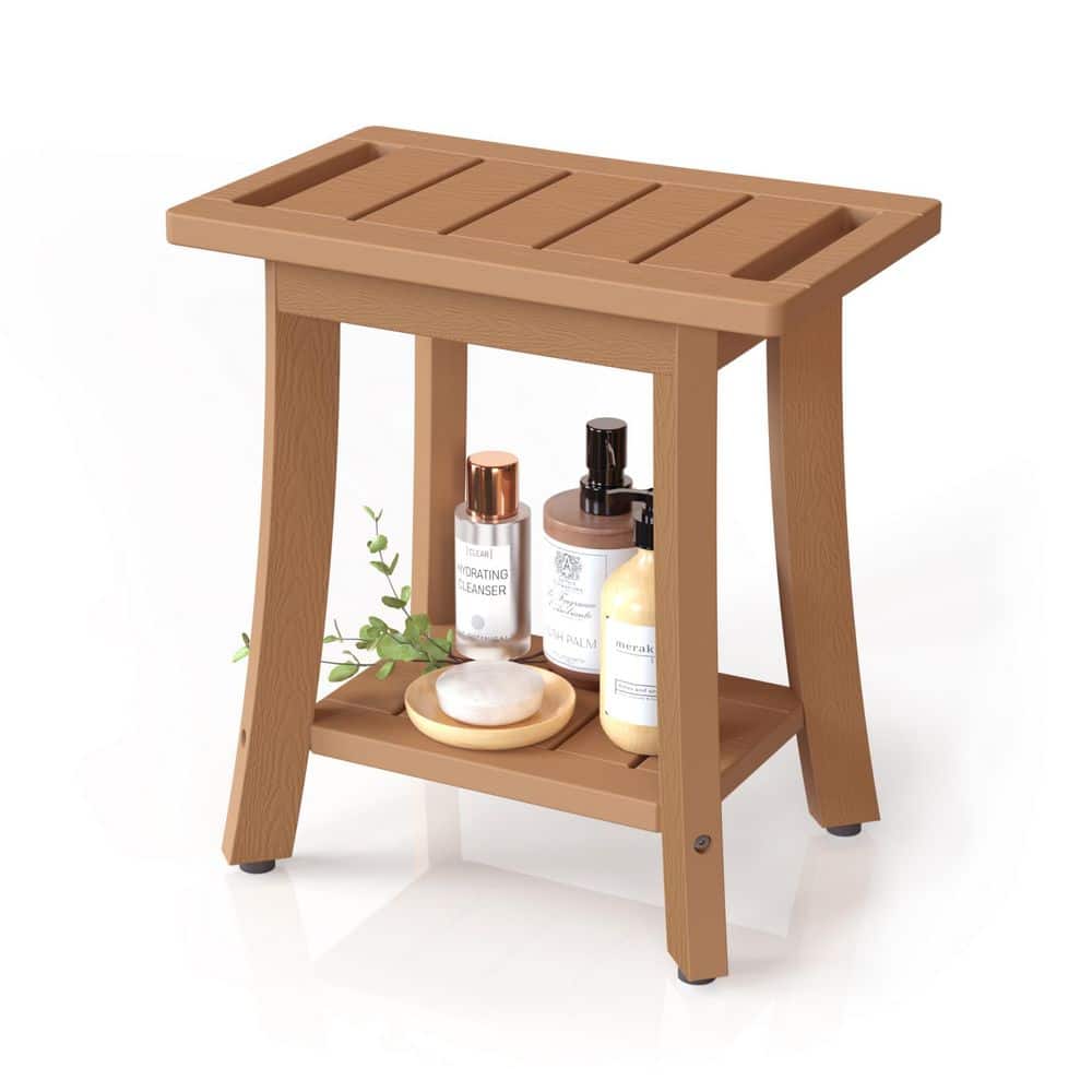 Numhew HDPE Waterproof Shower Chair for Inside Shower, Shower Stool with Storage Shelf and Adjustable Feet, Brown (1)