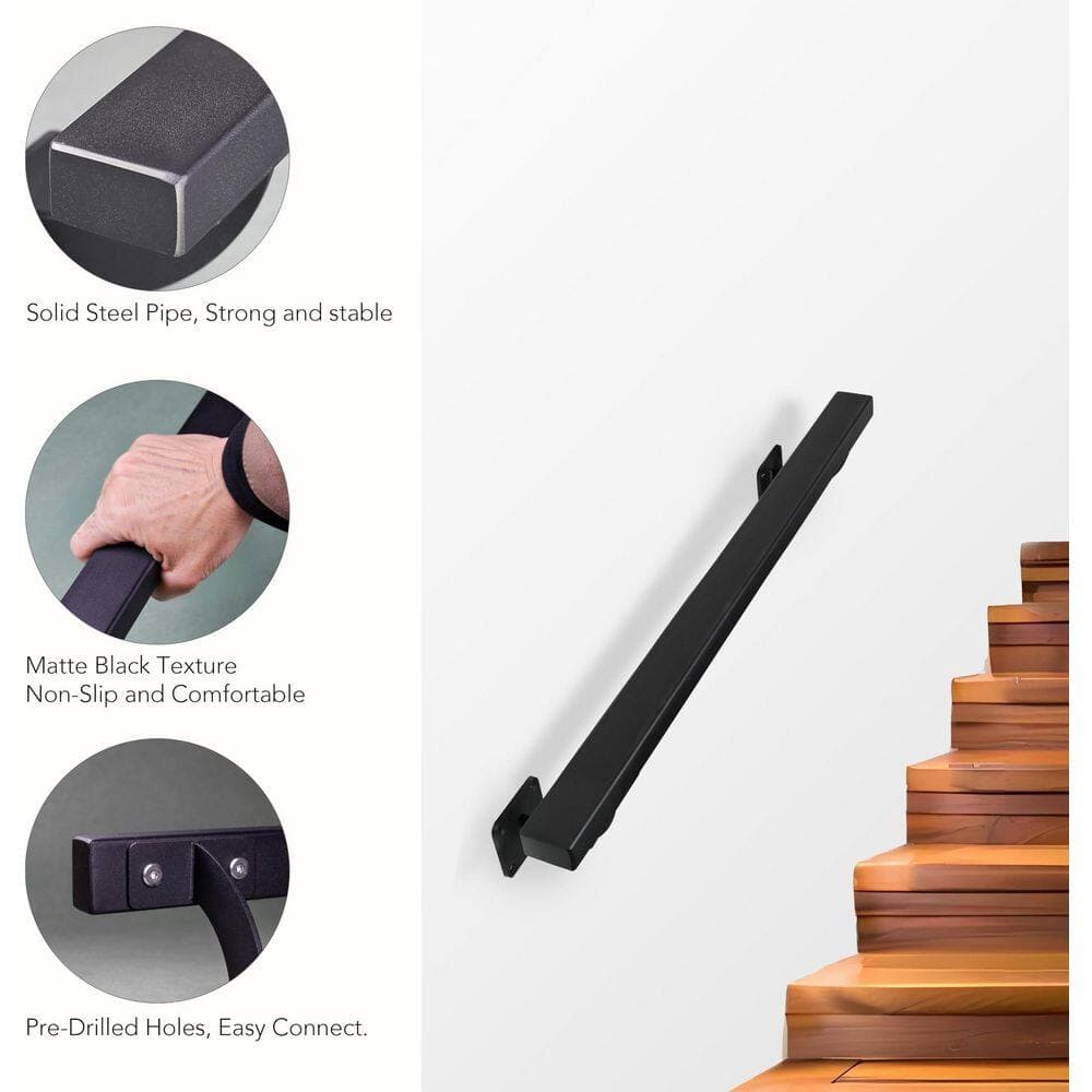 Unbranded 2 ft. Black Metal Steel Handrail Indoor Outdoor Square Pipe Wall Mount Grab Bar Stair Railing for Steps Porch Patio (3)