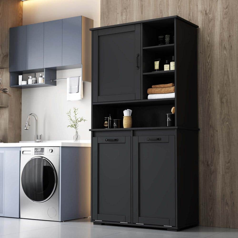 XUJMK 32 in W x 16 in D x 63 in H Linen Cabinet, Laundry Cabinet with Doors, Tilt-Out Laundry Hamper, Adjustable Shelf, Black (3)