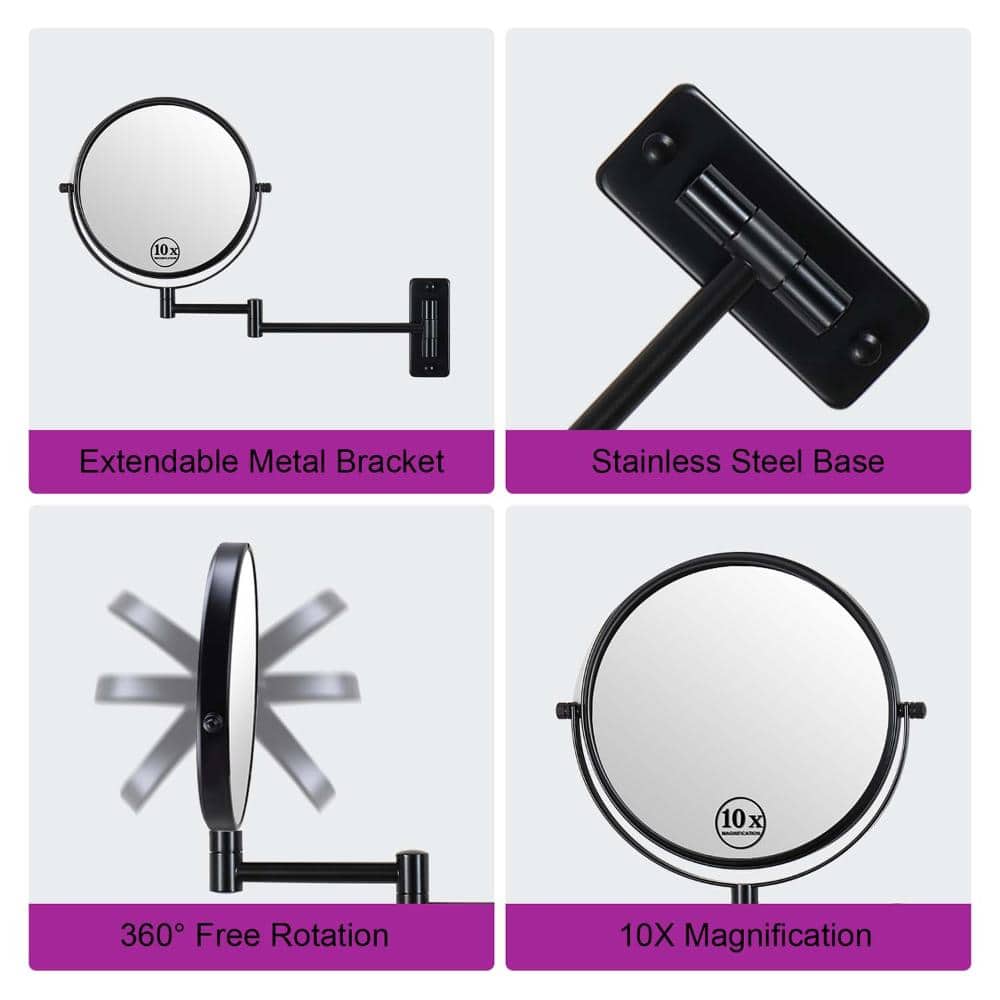 INSEEDE VERRA 8 in. Wall Mounted Makeup Mirror 1X/10X Magnification Double-Sided Swivel Vanity Mirror in Black (2)