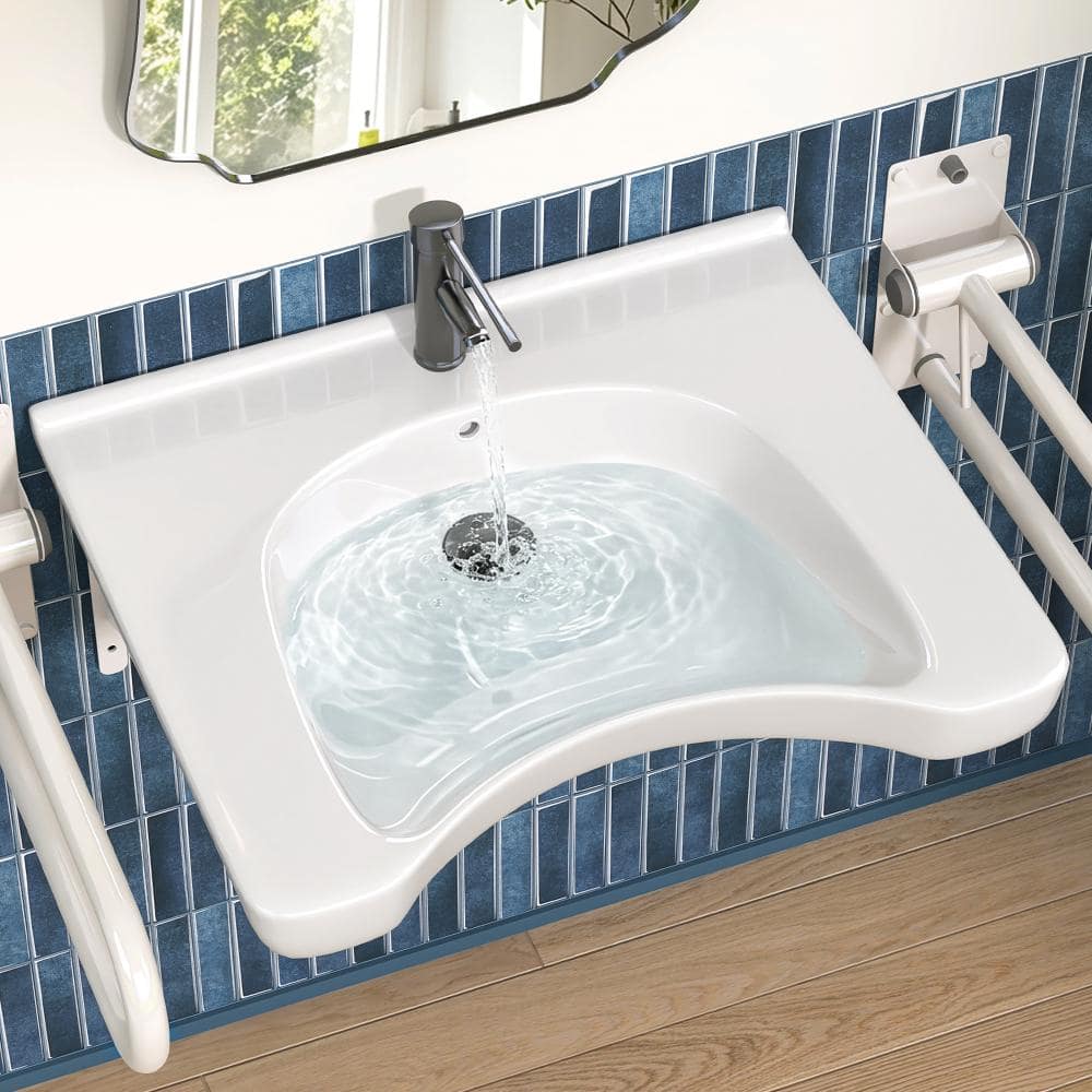 CRENRIDGE VELRO 25.5 in.Accessible Wall Mounted Ceramic Bathroom Sink with Open Knee Clearance ADA Weelchair White Lavatory Sink (1)