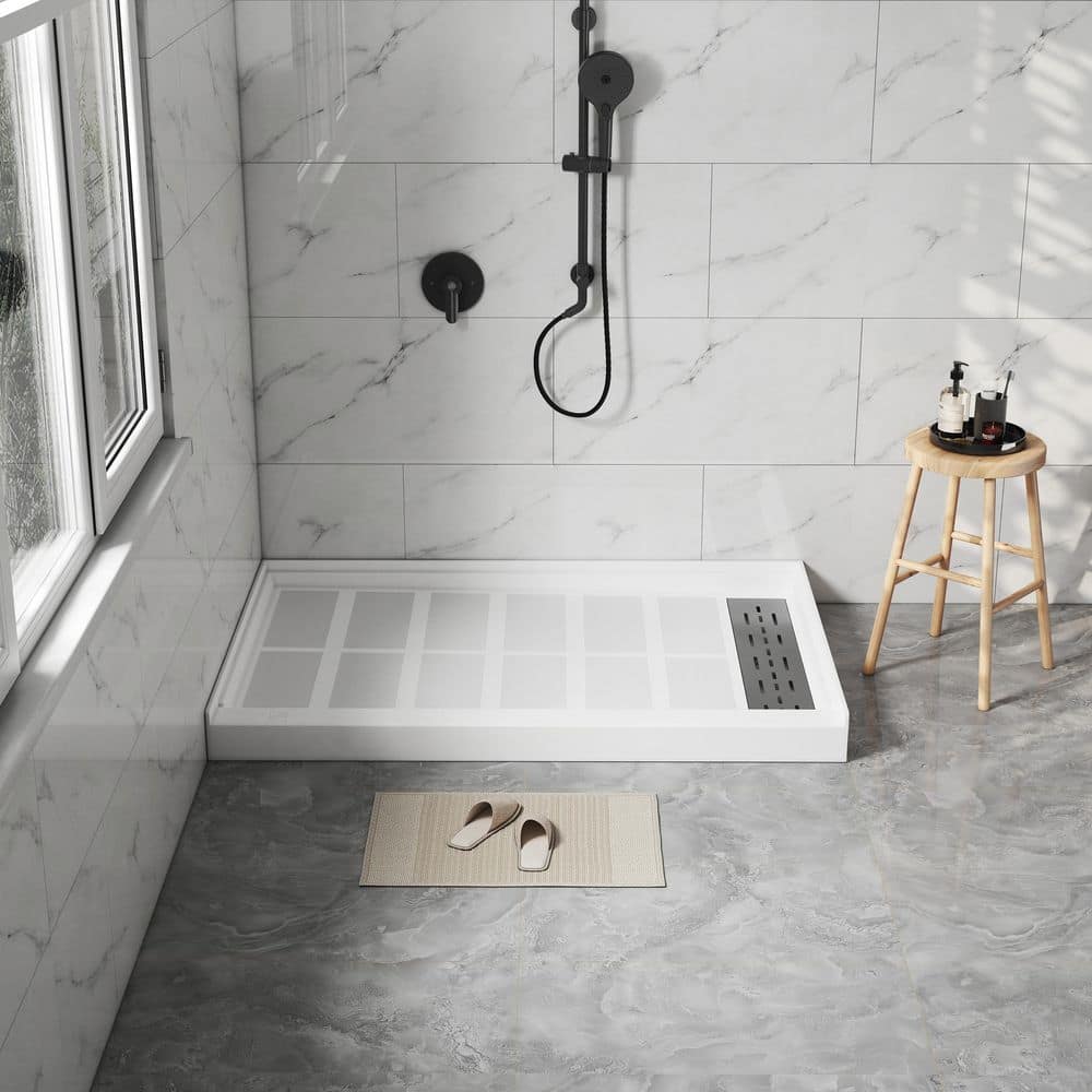 CASAINC 48 in. L 32 in. W Alcove Single Threshold Shower Pan Base with Linear Drain in, S/S Drain Cover Included (3)