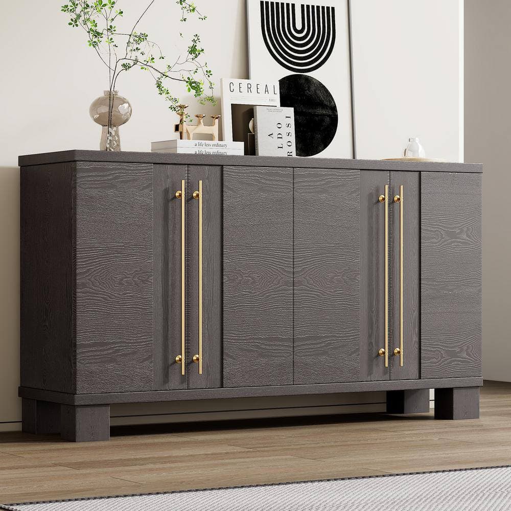 Unbranded 60 in. W x 15.7 in. D x 33.8 in. H Brown Linen Cabinet with Adjustable Shelves and Gold Handles for Kitchen, Living Room (2)