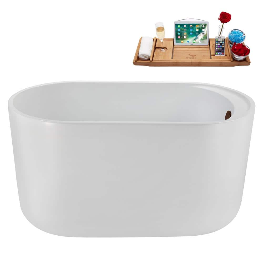 Streamline 26 in. Acrylic Freestanding Soaking Bathtub Glossy White with Matte Oil Rubbed Bronze Drain, Bamboo Tray (2)