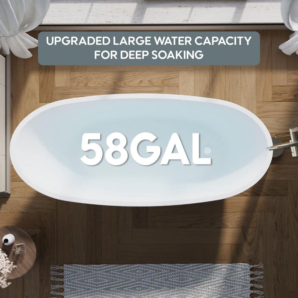 FORCLOVER Trace 67 in. x 29.33 in. Acrylic Flat Bottom Oval Soaking Bathtub with Bathtub Drain Curve in Glossy White (3)