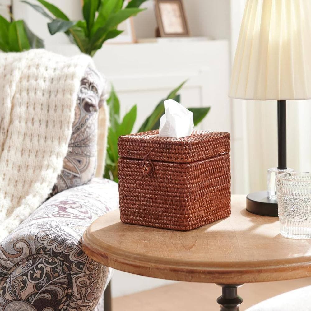 Whatseaso Rattan Square Tissue Box Cover with Hinged Top Lid in Brown (3)