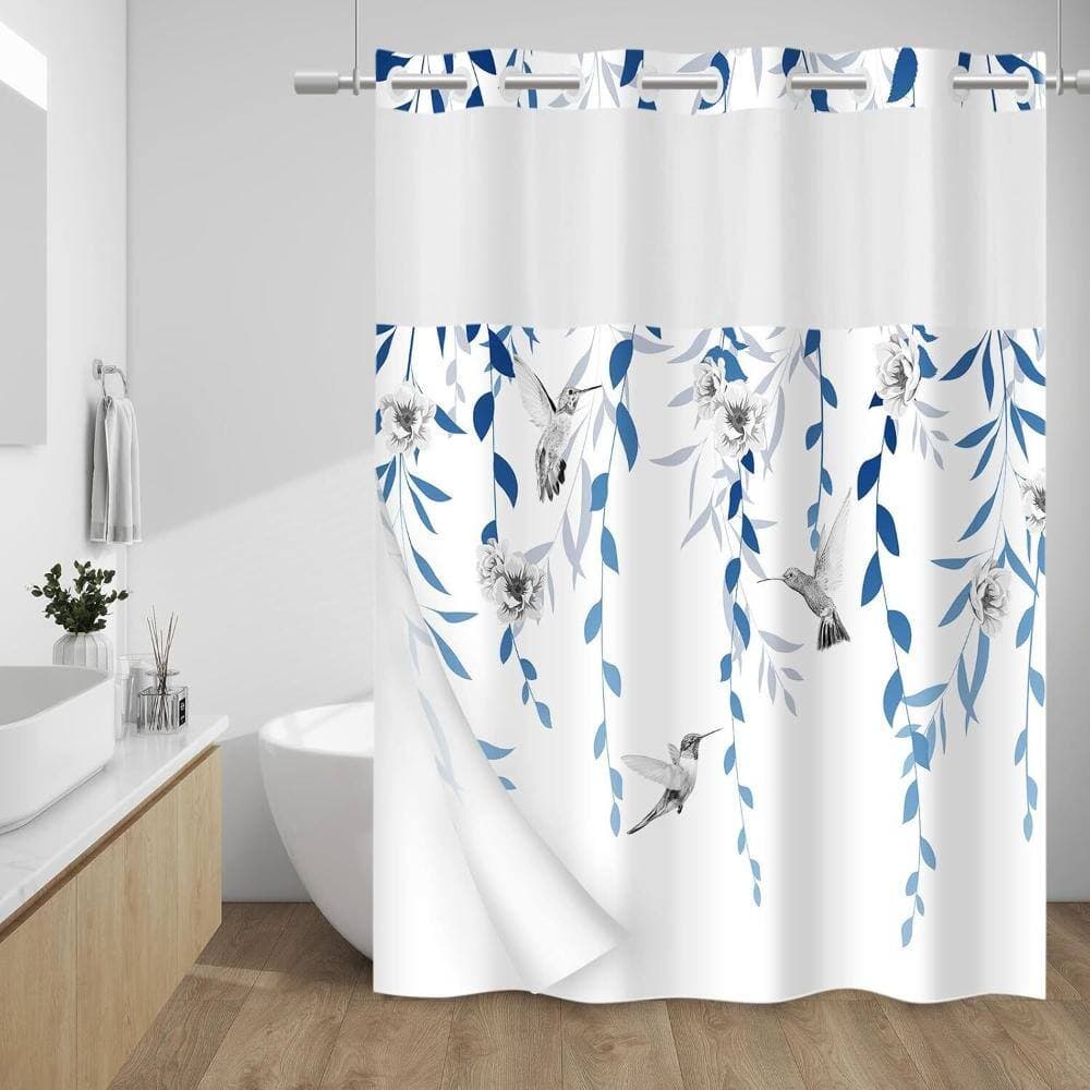 Unbranded Floral No-Hook Shower Curtain with Snap-In Liner,Blue Grey (3)