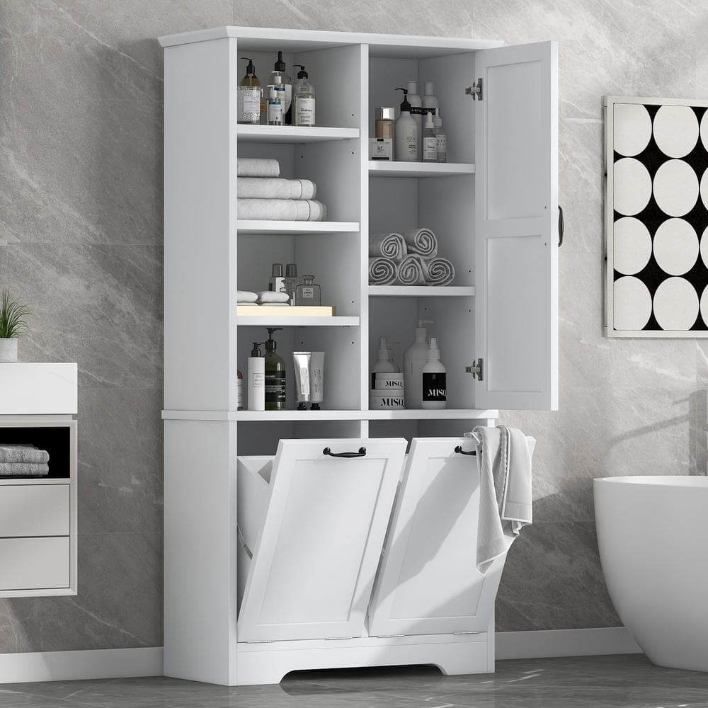 Cesicia 31 in. W x 14 in. D x 68 in. H White MDF Freestanding Linen Cabinet with Tilt-Out Drawer and Adjustable Shelf (3)