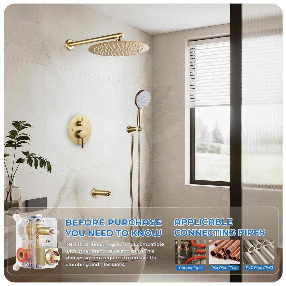 AKLFGN Single Handle 3-Spray Shower Faucet 2.0 GPM with Adjustable Flow Rate Tub Spout in Brushed Gold (2)
