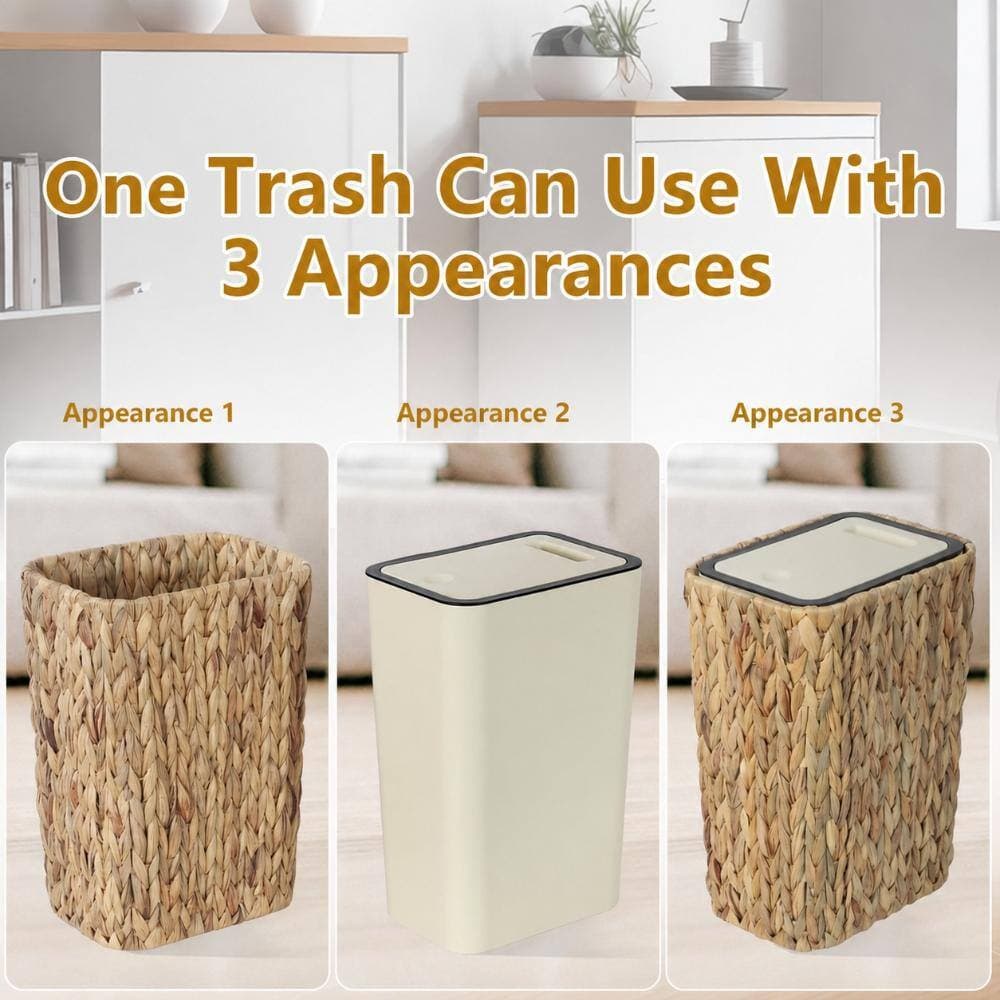 Unbranded Boho Rattan 2.6 Gallon Trash Can with Press Top Lid Waste Basket and Hamper 2 in 1 for Bathroom at Home (3)