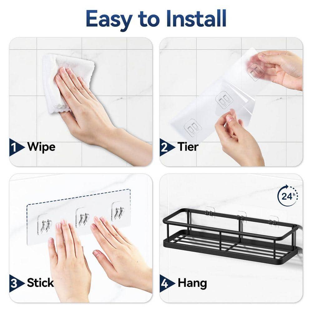 JFVKAF 2.55 in. H x 4.25 in. L Wall-Mounted Shower Holder No Drill Bathroom Organizers RustProof Shelves, Hooks, 2-Packs Black (3)