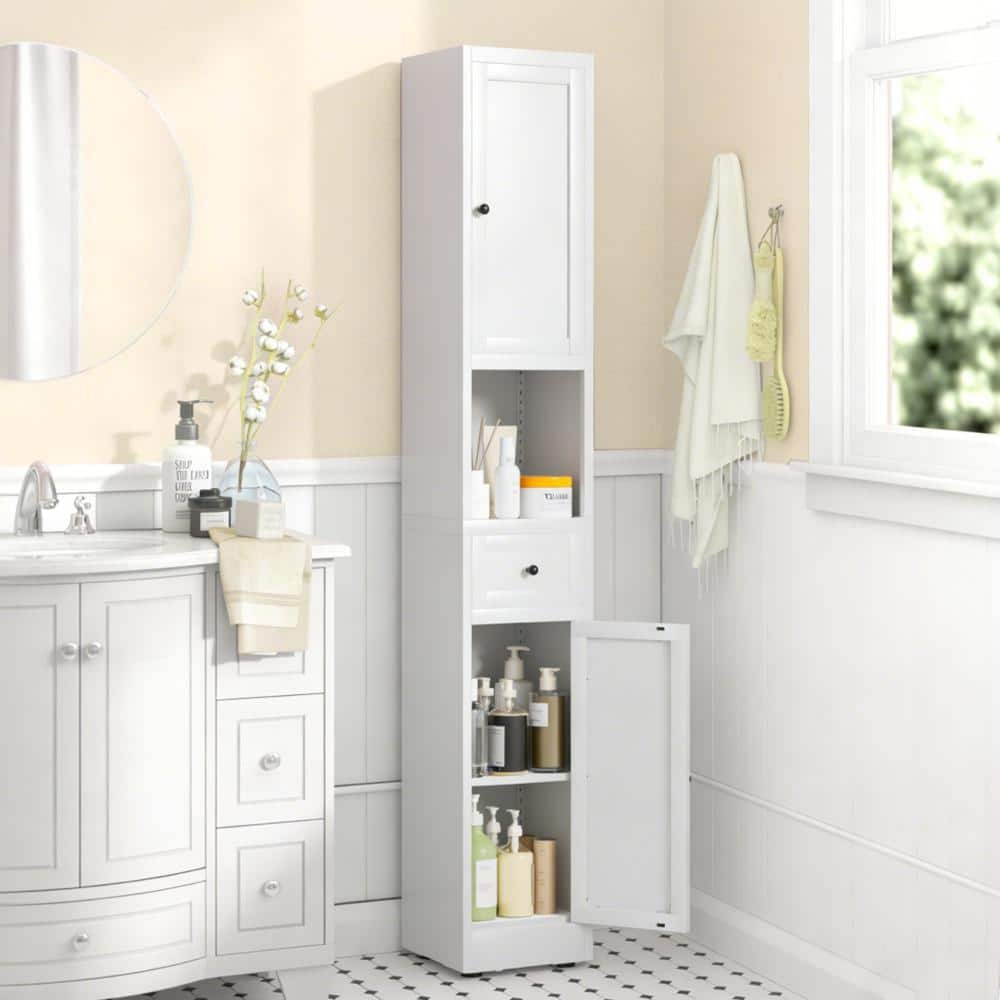 Flynama 71" White 5-Tier Narrow Metal Bathroom Storage Cabinet with 2 Doors & Adjustable Shelves (1)