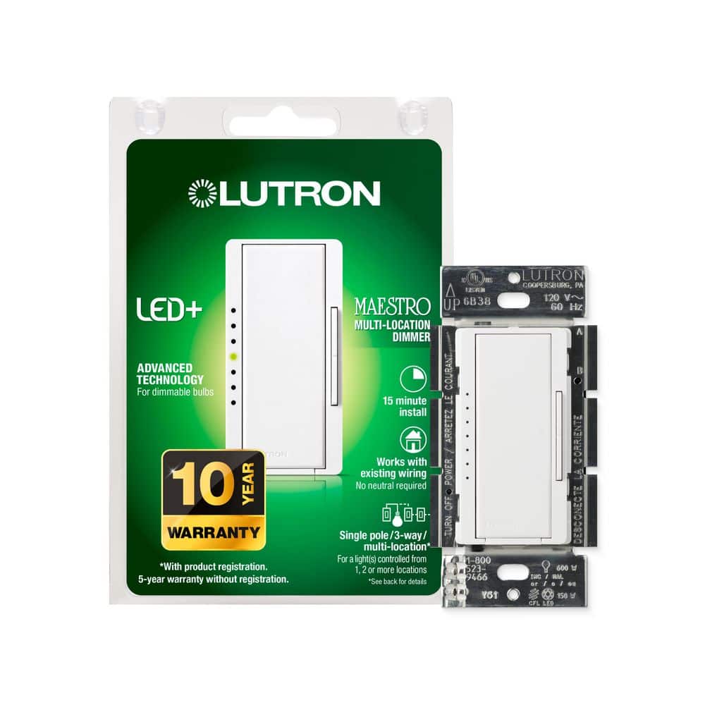 Lutron Maestro LED+ Dimmer Switch for Dimmable LED Bulbs, 150W/Single-Pole or Multi-Location, (MACL-153MR-WH)