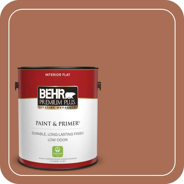 BEHR PREMIUM PLUS 1 gal. #MQ1-28 Orange Flambe Flat Low Odor Interior Paint & Primer (2)