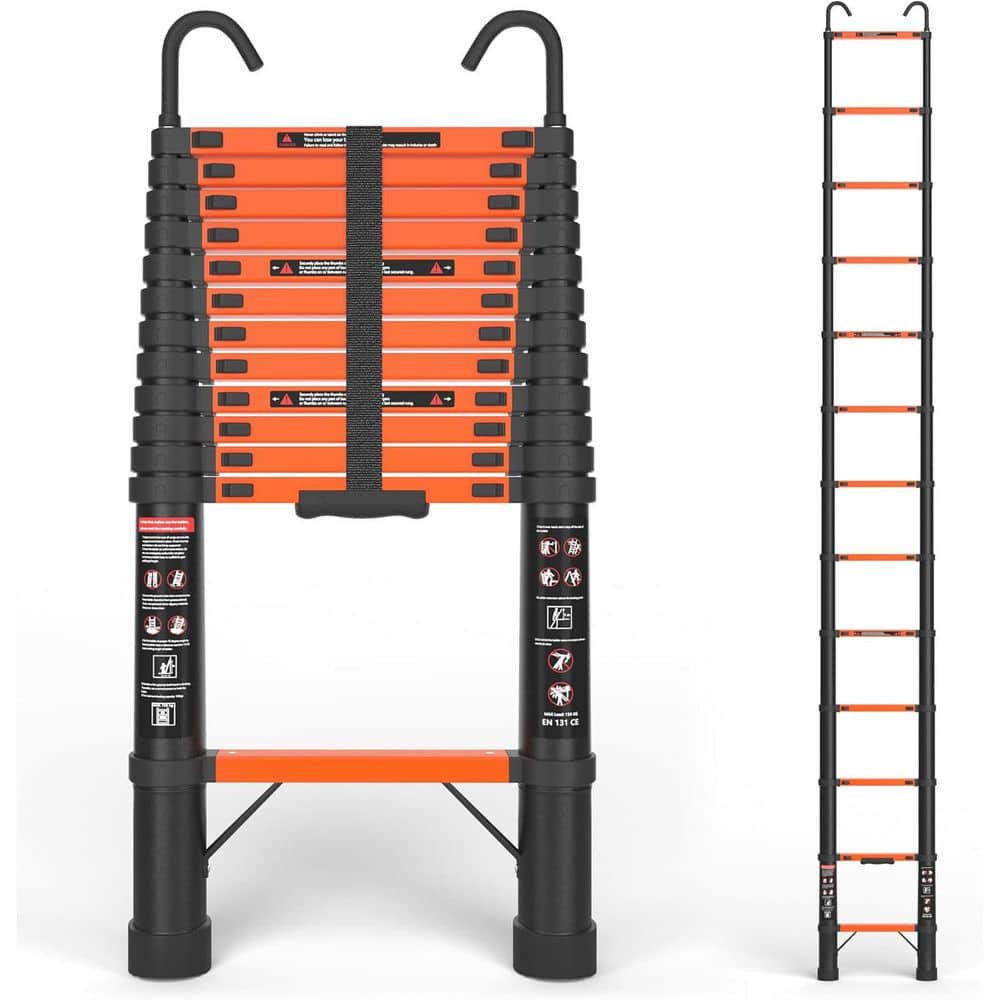 Unbranded 12.5 ft. Aluminum Telescoping Ladder with Hooks, EN131 Standard, 330 lbs. Capacity