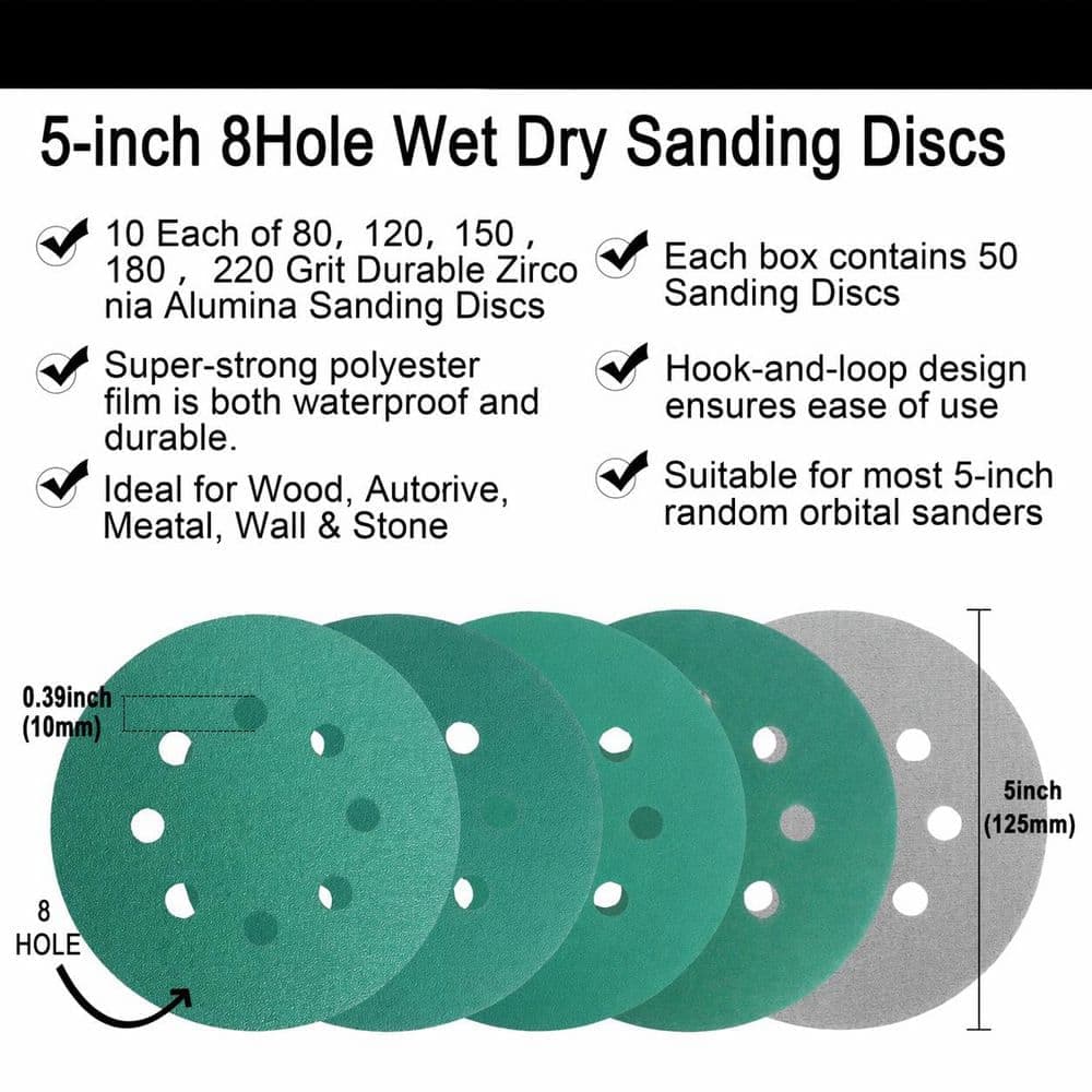 LAIFUCAM 5 Inch 8 Hole Zirconia Sanding Discs with Hook Loop Anti-Clog Film Back Wet Dry 80-220 Grit for Orbital Sanders 50 Pack (3)