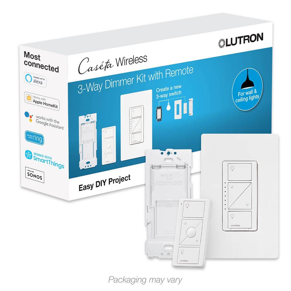 Lutron Caseta Smart Dimmer Switch 3-Way Kit with Remote, 150 Watt LED Bulbs/2 Points of Control, White (P-DIM-3WAY-WH) (1)