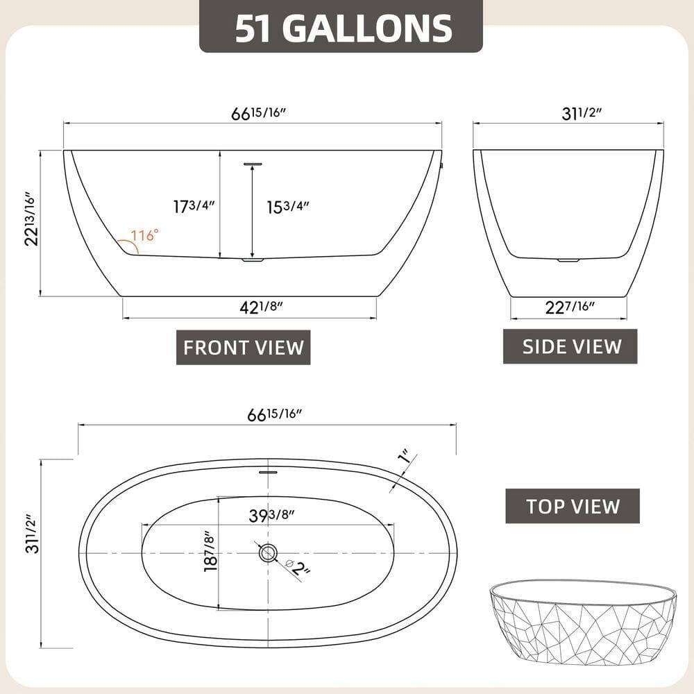 Zeafive 67 in. x 31.5 in. Acrylic Freestanding Soaking Bathtub Stand Alone Bathroom Tub with Center Drain in White (2)