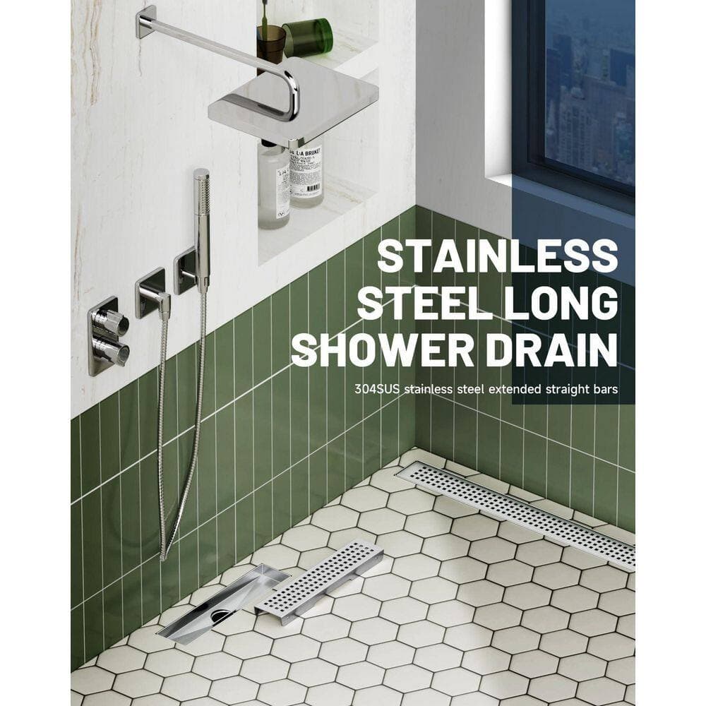 HOMEMYSTIQUE 12 in. Linear Shower Drain, Removable Grid Grate 304 Stainless Steel Floor Drain w/Leveling Feet, Brushed Nickel (2)