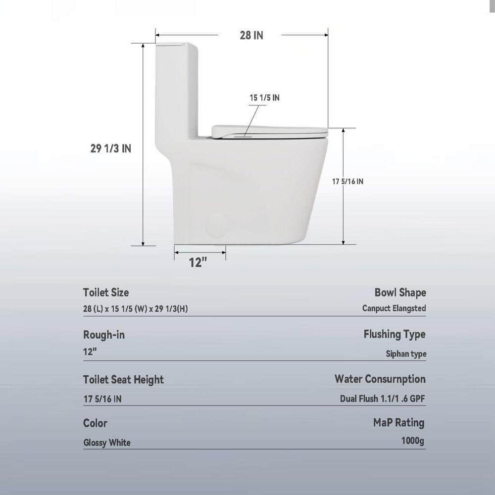 SANFANGIE 12 inch floor-mounted 1-piece 1.1/1.6 GPF Dual Flush Elongated Toilet in White Seat Included, Armrest Design (2)