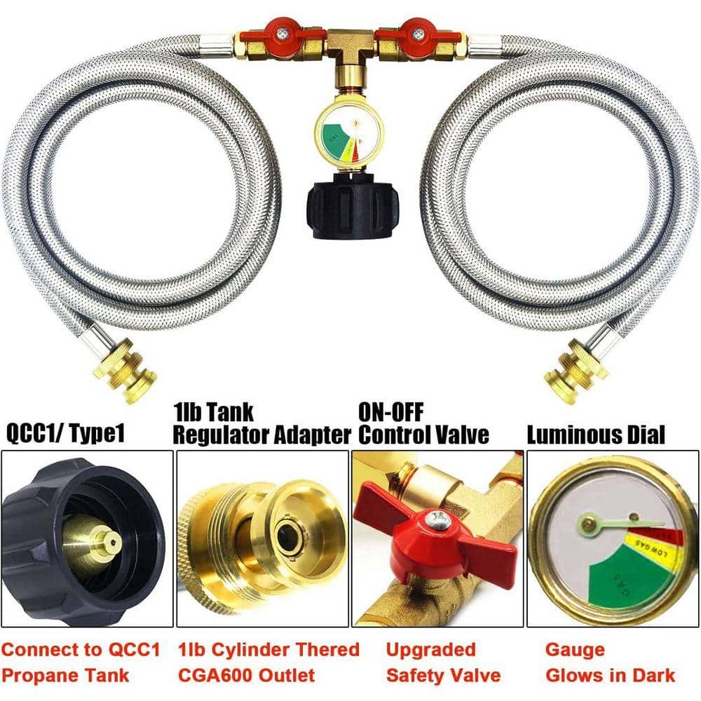 Lukvuzo 5FT Stainless Braided Propane 2 Way Splitter Adapter Hose with Shut Off Valve and Gauge 1lb to 20lb Converter (3)