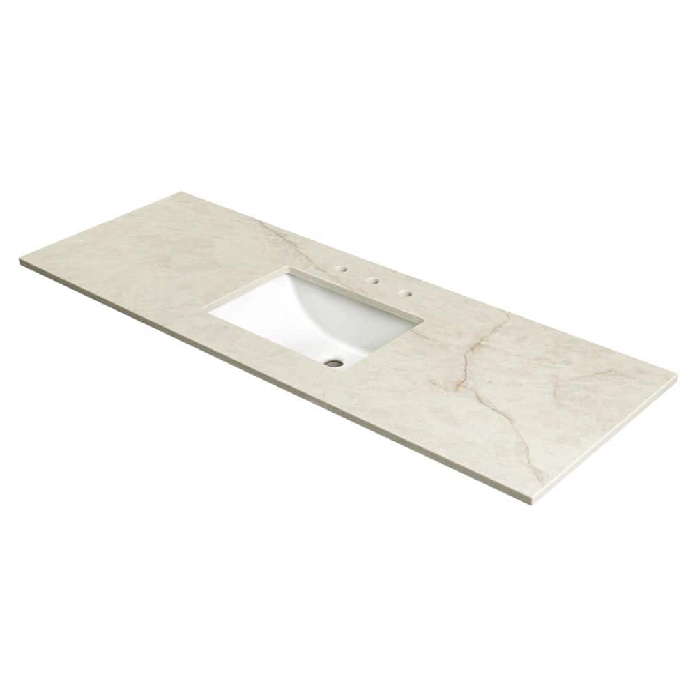 A&A Surfaces Crema Taj 61 in. W x 22 in. Ceramic Quartz Polished White Rectangular Single Sink Undermount Vanity Top in Beige (1)