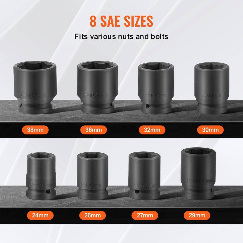 SKYSHALO Axle Nut Impact Socket Set, 3/4 in. Drive 6-Point 8-Piece Metric Spindle Nut Socket Set, CR-MO Heat Treated (3)