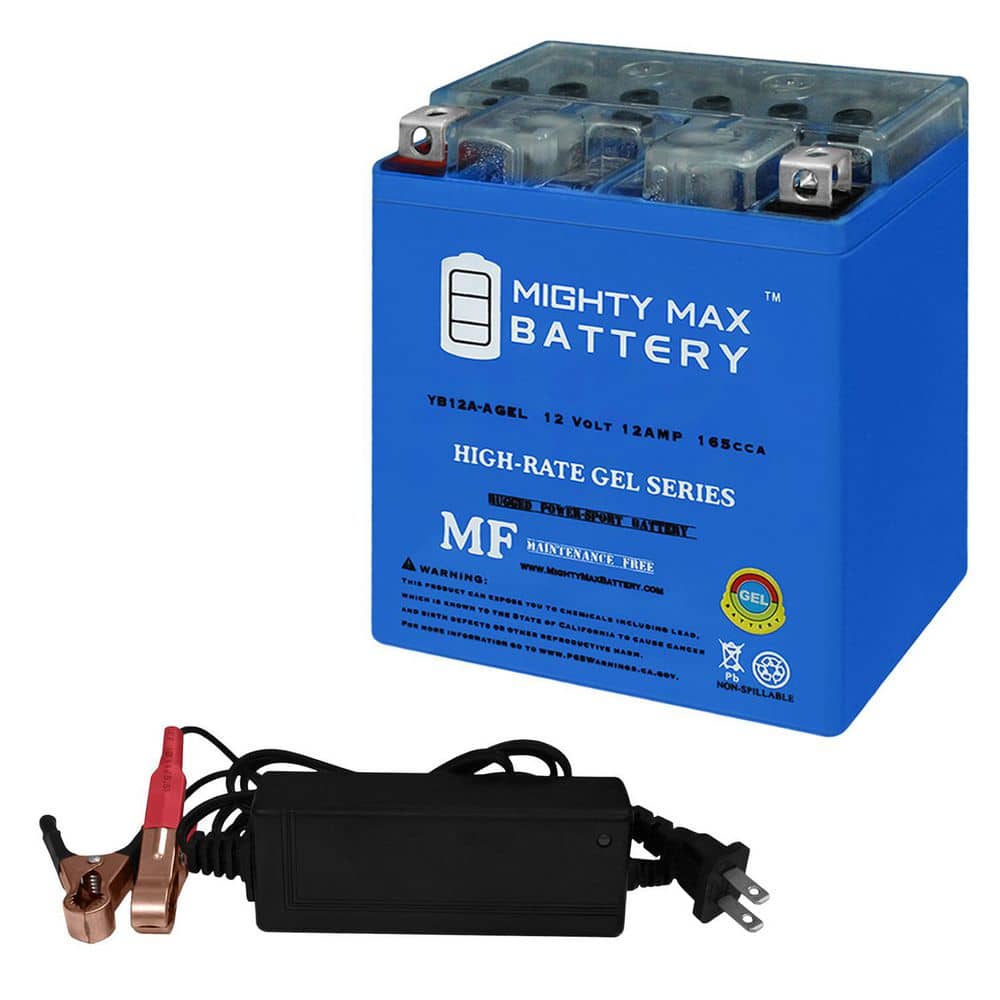Mighty Max Battery YB12A-A GEL -12 Volt 12 AH, 165 CCA, GEL Type, Rechargeable SLA AGM Motorcycle Battery + 12V 2Amp Charger (1)