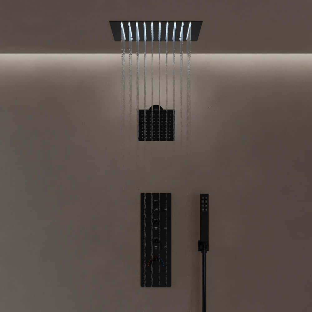 GRANDJOY 12 in. Mood Light Quadruple Handles 3-Spray Shower Faucet 2.5 GPM with LED, Anti Scald in Matte Black (2)