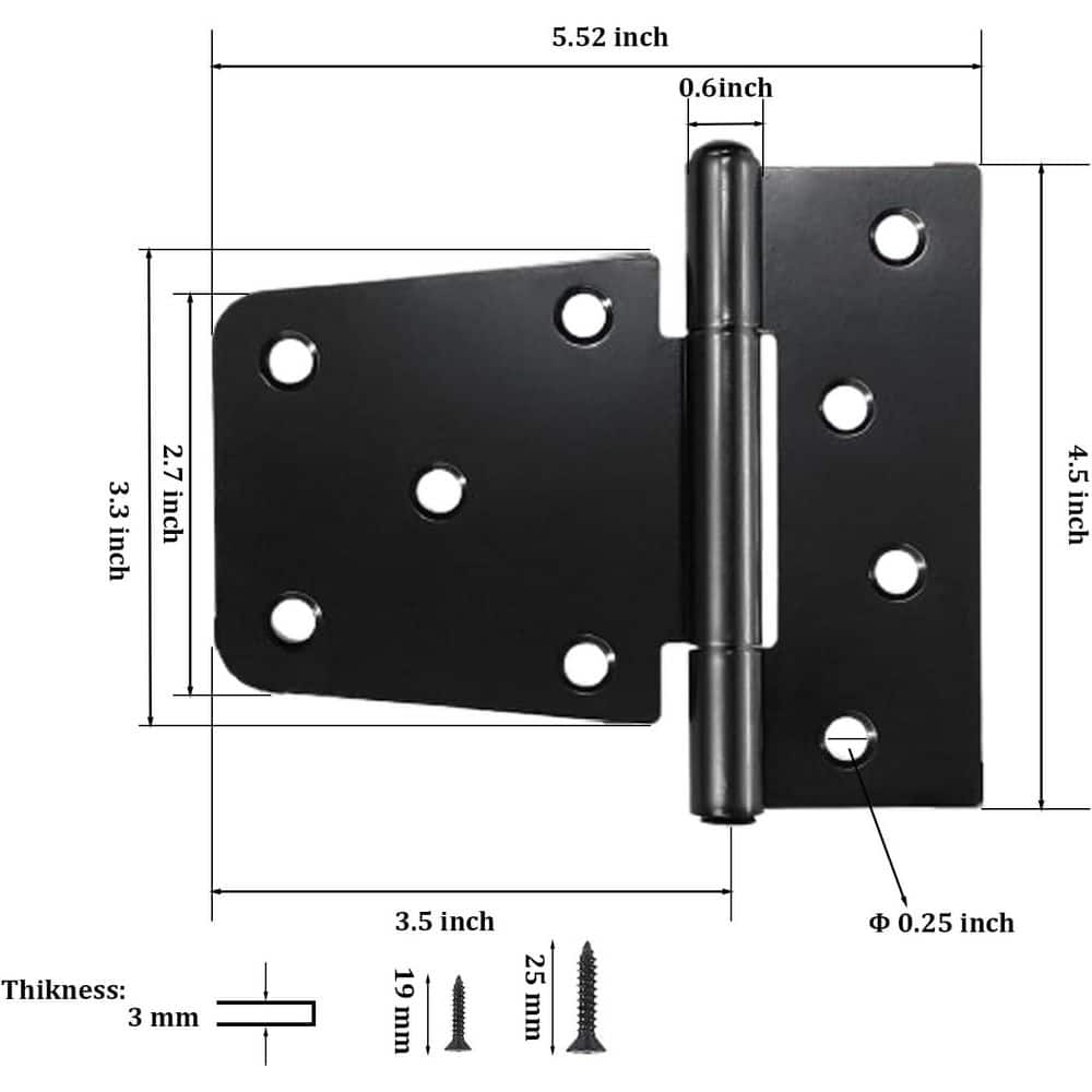 Unbranded Heavy Duty Gate Hinges 3.5 x 4.5 x 1.2 Black Iron Shed Door T Hinges for Barn Wood Fence with 144 Screws (8-Pack) (2)