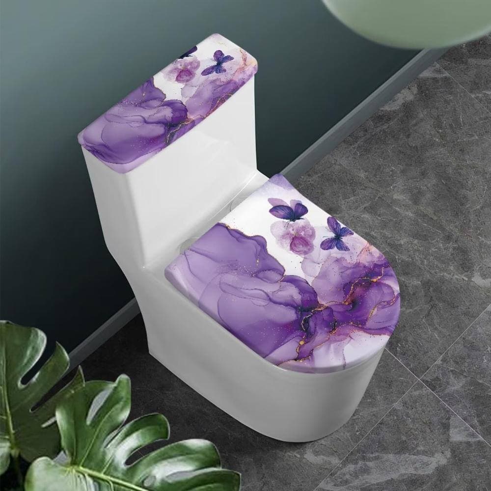 Unbranded Purple Marble Butterfly Toilet Tank Cover 2-Piece Stretchy Polyester Fits Most Toilet Lids in Purple (2)