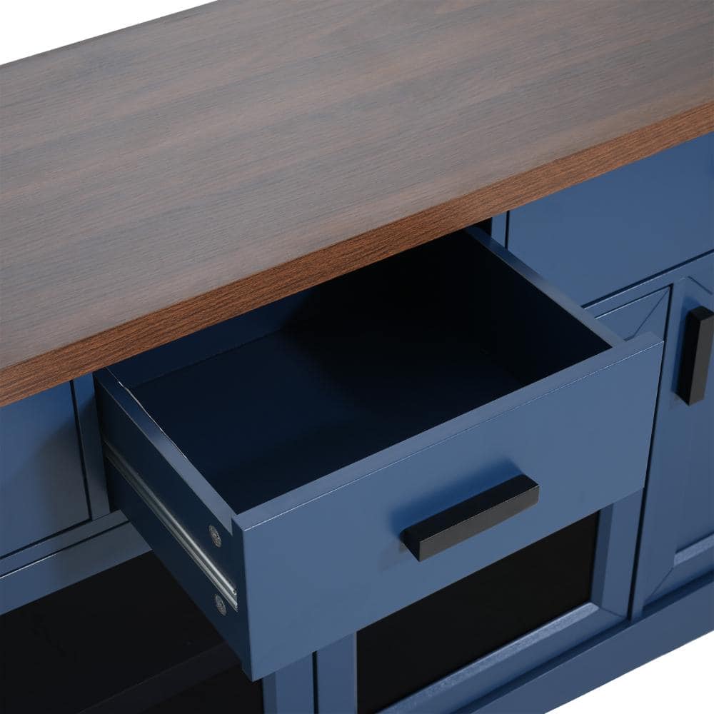 COWLOWN 67 in. W x 15.5 in. D x 29.25 in. H Blue Linen Cabinet with TV Stand, Glass Doors & Storage Drawers, Adjustable Shelves (3)