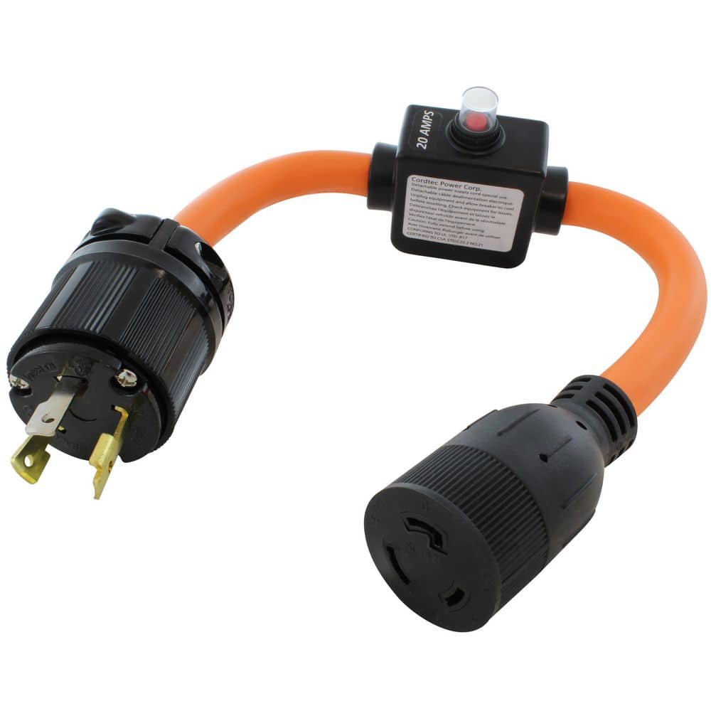 AC WORKS 30A 3-Prong L5-30P Locking Plug to L5-20R Connector w/ 20A Inline Breaker 1.5 ft. 10/3 STW Indoor/Outdoor Cord in Orange (1)