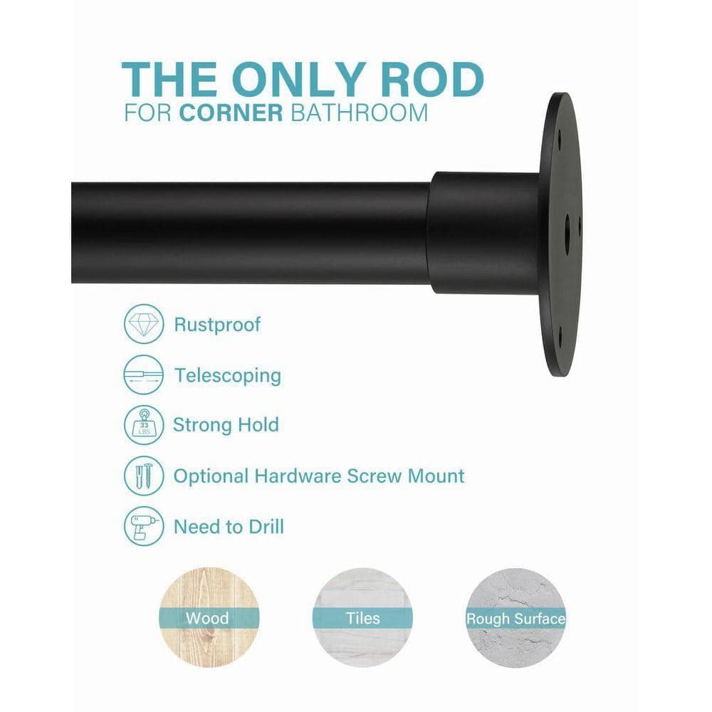 Unbranded Adjustable L Shaped Shower Curtain Rod with No Sagging 12 Ring Hooks 90 Degree Support in Matte Black (3)